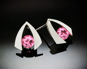 Pink topaz earrings, silver earrings, Argentium silver, post earrings, modern earrings - 2424