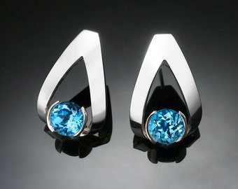 Swiss blue topaz earrings, Argentium silver, December birthstone, gemstone jewelry, tension set earrings, artisan jewelry - 2470