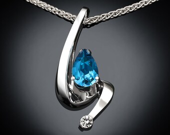 Swiss blue topaz necklace, blue topaz pendant, white sapphire, Argentium silver, December birthstone, fine jewelry - 3380