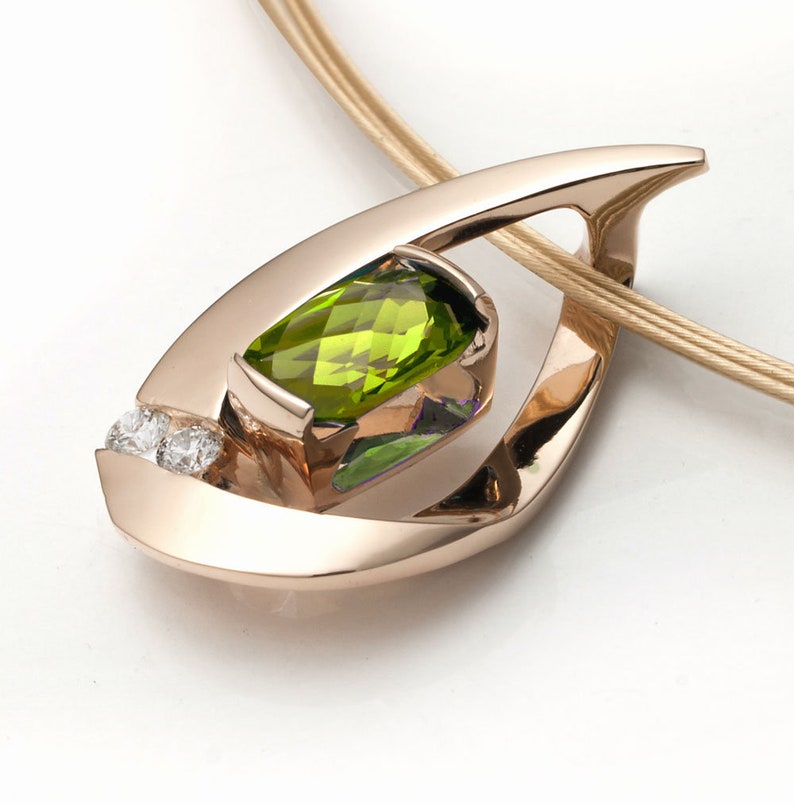 14k yellow gold pendant, peridot pendant, August birthstone, white sapphires, gemstone jewelry 3378 image 3