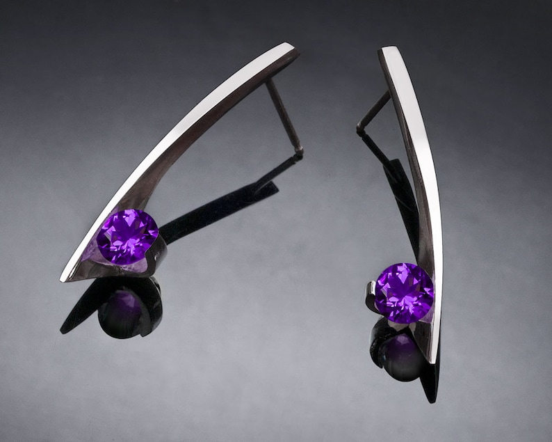 Amethyst Earrings, Silver Earrings, February birthstone earrings, contemporary Earrings, Argentium Silver, Modern Earrings 2458 image 1