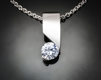 CZ pendant, Argentium silver necklace, wedding necklace,modern jewelry, minimalist jewelry, for her - 3460