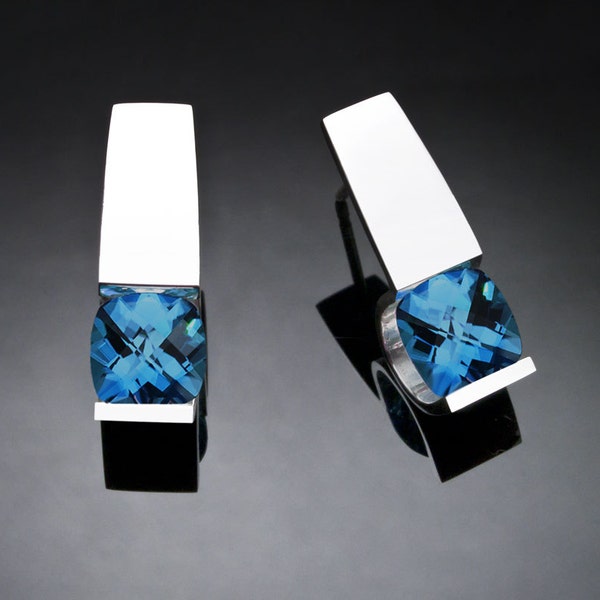 blue topaz earrings, December birthstone, London blue topaz, gemstone earrings, wedding earrings, birthday gift for her, tension set - 2431