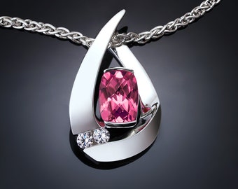 pink topaz necklace, wedding, Mother's day, white sapphires, Argentium silver pendant, contemporary jewelry - 3378