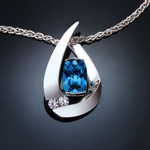 London blue topaz necklace, white sapphires, Argentium silver pendant, December birthstone, fine jewelry - 3378