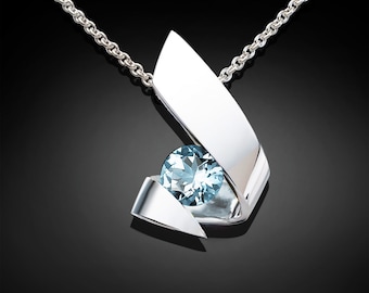 aquamarine necklace, march birthstone, pale blue gem, argentium silver pendant -3440