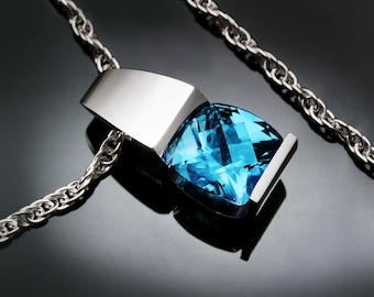 blue topaz necklace, Argentium silver, Swiss blue topaz, blue topaz jewelry, tension set pendant, artisan necklace - 3431