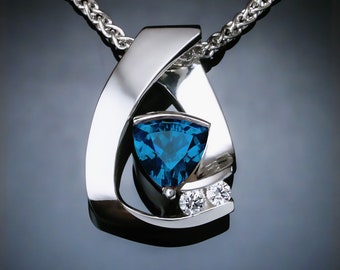 blue topaz necklace, London blue topaz pendant, December birthstone,  white sapphire, modern jewelry, Argentium silver - 3452