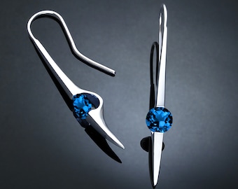 Blue Sapphire Argentium Silver Dangle Earrings: Statement Jewelry 2444
