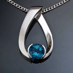 blue topaz pendant, London blue topaz necklace, Argentium silver, December birthstone, artisan necklace - 3470