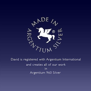 May include: A white logo with a unicorn and the text "MADE IN ARGENTIUM SILVER" in a circle. The text "David is registered with Argentium International and creates all of our work in Argentium 960 Silver" is below the logo.