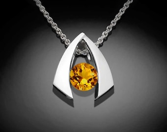 citrine necklace, citrine pendant, November birthstone, Argentium silver pendant, gemstone jewelry, tension set, yellow gemstone- 3424