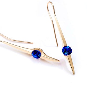 14k gold and Chatham blue sapphire earrings, September birthday, yellow gold dangle earrings - 2444