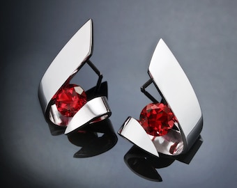 garnet earrings, January birthstone, Mozambique garnet, red earrings, holiday earrings, Argentium silver, contemporary jewelry - 2440