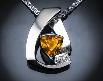 citrine necklace, citrine pendant, November birthstone, white sapphire pendant, Argentium silver, statement jewelry -3452
