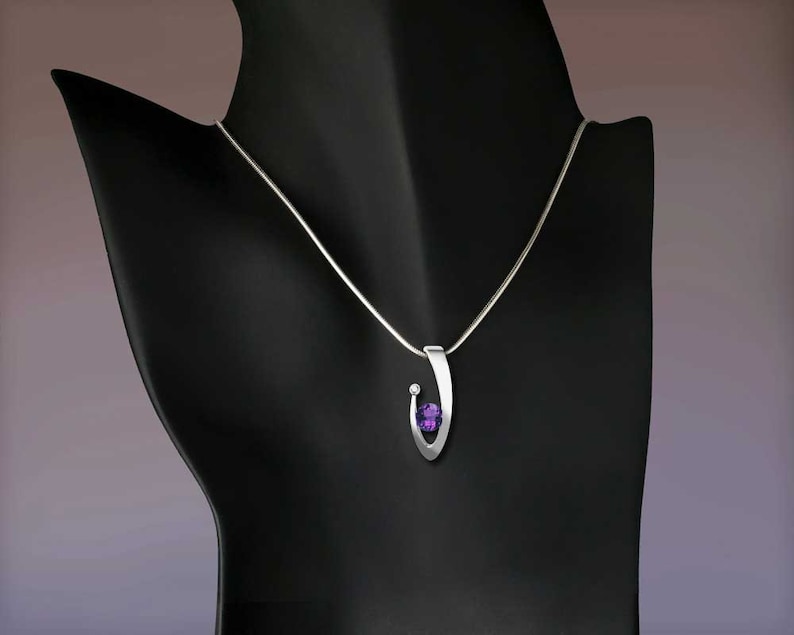 amethyst necklace, amethyst pendant, February birthstone necklace, white sapphire, contemporary necklace, Argentium silver 3418 image 4