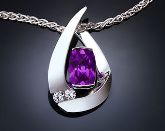 amethyst necklace, February birthstone pendant, fine jewelry, designer necklace, white sapphires - 3378
