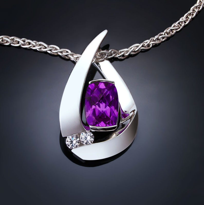 amethyst necklace, February birthstone pendant, fine jewelry, designer necklace, white sapphires 3378 image 1