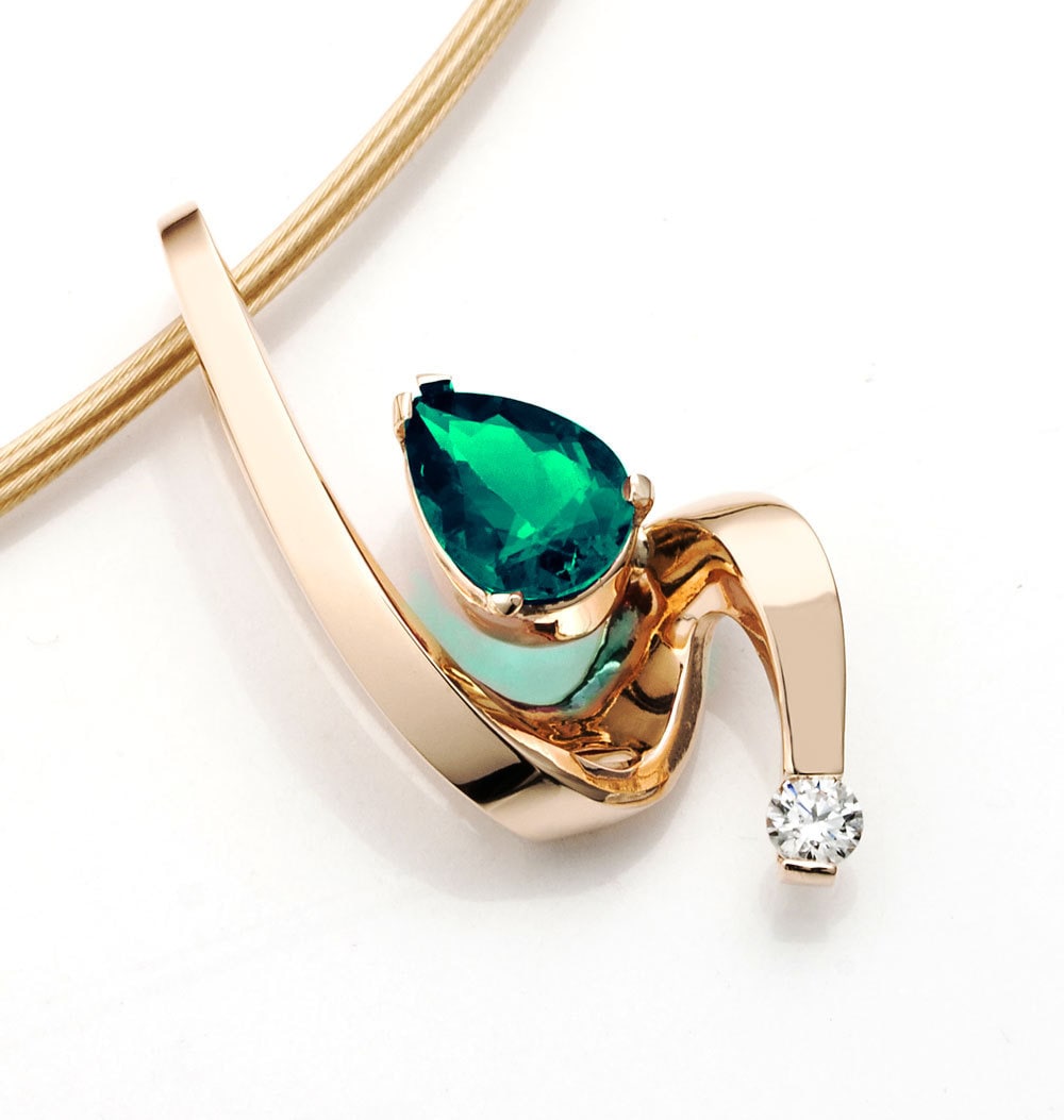 emerald pendant, gold necklace, diamond necklace, emerald necklace, 14k