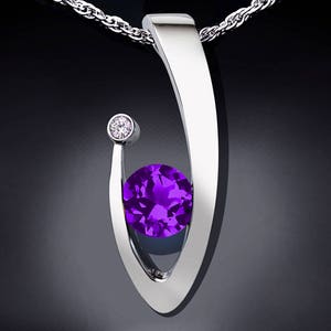 amethyst necklace, amethyst pendant, February birthstone necklace, white sapphire, contemporary necklace, Argentium silver 3418 image 1