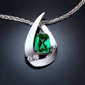 emerald necklace, emerald pendant, May birthstone, Chatham lab grown emerald, white sapphires, fine jewelry 3378 image 1