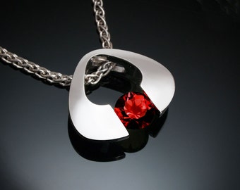 garnet necklace, garnet pendant, January birthstone, silver pendant, Mozambique garnet, red necklace, tension set, Argentium silver 3423