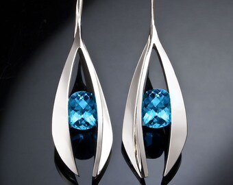 Swiss blue topaz earrings, statement earrings, dangle earrings, wedding earrings, blue topaz, December birthstone, modern earrings - 2495
