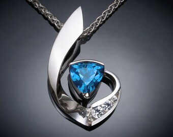 Swiss blue topaz pendant necklace, white sapphire pendant, Argentium silver, December birthstone, fine jewelry  - 3466