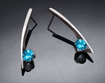 Swiss blue topaz earrings, blue topaz earrings, Argentium silver earrings, blue topaz jewelry, December birthstone, wedding earring - 2458