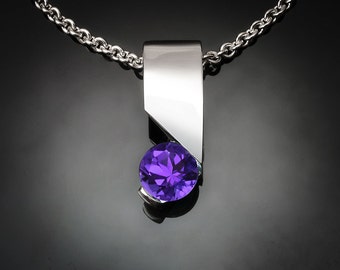 amethyst necklace, purple gemstone, Argentium silver pendant, February birthstone, modern jewelry, gemstone jewelry - 3460