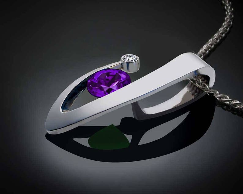 amethyst necklace, amethyst pendant, February birthstone necklace, white sapphire, contemporary necklace, Argentium silver 3418 image 3