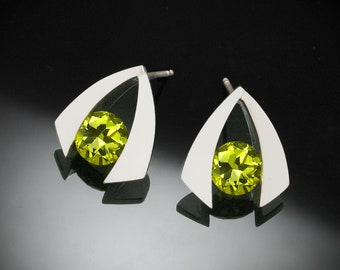 peridot earrings, Argentium silver, post earrings, earlobe earrings - 2424