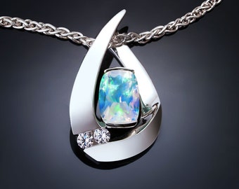 opal necklace, opal pendant, Argentium silver, colorless sapphires, October birthstone necklace,  - 3378