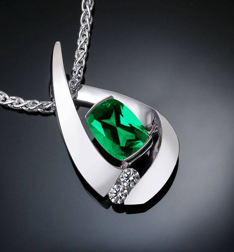 emerald necklace, emerald pendant, May birthstone, Chatham lab grown emerald, white sapphires, fine jewelry 3378 image 4