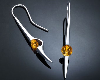 citrine earrings, November birthstone,long dangle earrings, statement earrings, Argentium silver, bold earrings - 2444