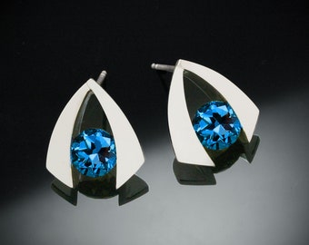 London blue topaz earrings, blue topaz earrings, post earrings, triangle earrings, teal blue gemstone - 2424