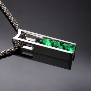 Emerald Three Stone Necklace: Argentium Silver Pendant -3503