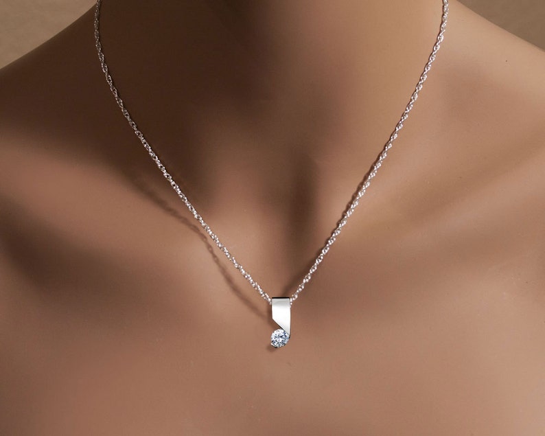 CZ pendant, Argentium silver necklace, wedding necklace,modern jewelry, minimalist jewelry, for her 3460 imagen 2