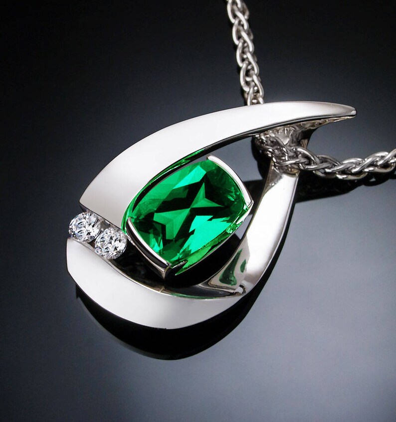 emerald necklace, emerald pendant, May birthstone, Chatham lab grown emerald, white sapphires, fine jewelry 3378 image 3