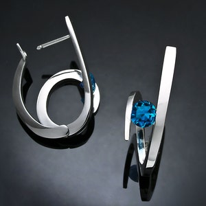 London blue topaz earrings, statement earrings, hoop earrings, December birthstone, Argentium silver, hinged backs - 2429