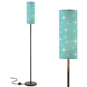 May include: A tall floor lamp featuring a slim, dark brown metal pole and a circular base. The cylindrical lampshade is light turquoise with a repeating white starburst pattern. A black power cord with a floor switch extends from the base.