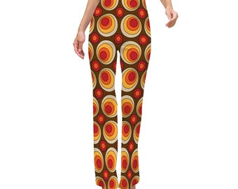 May include: Brown, high-waisted pants with a retro, circular pattern in shades of red, orange, yellow, and cream. The pants have a flared leg design, offering a vintage aesthetic. The overall style is reminiscent of the 1970s fashion.