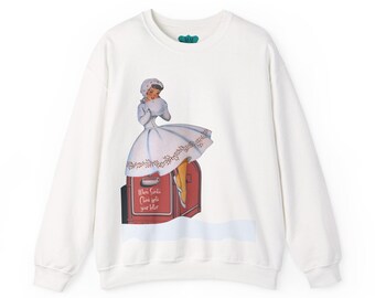 May include: White sweatshirt featuring a vintage illustration of a woman in a winter dress sitting on a red mailbox. The mailbox has the text "When Santa Claus gets your letter". The sweatshirt has long sleeves and a crew neck.