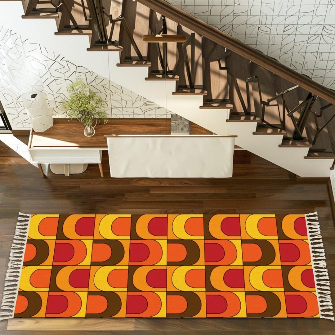 Mid Century Modern Groovy 70s Space Orbs, Brown Orange Yellow Rug ...