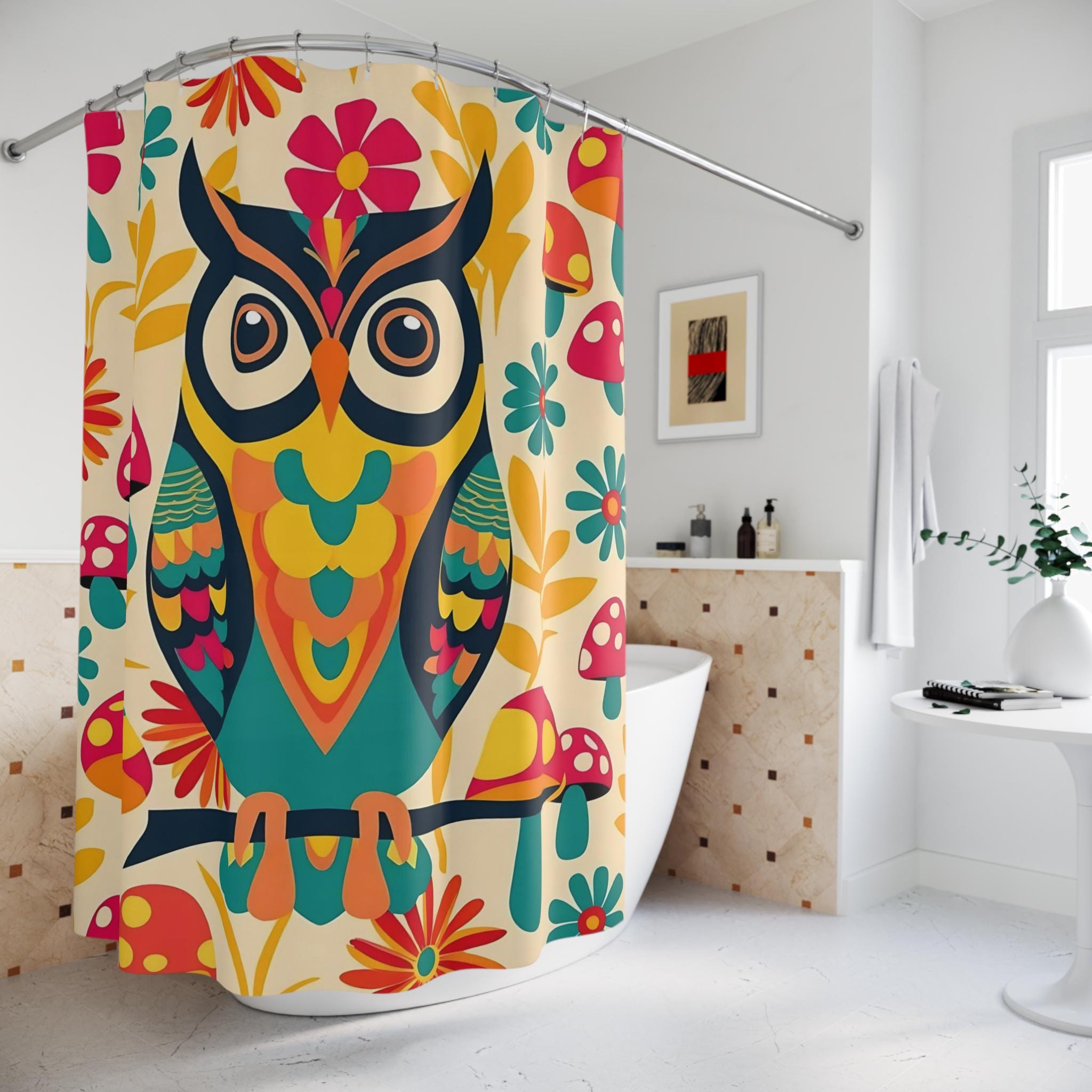 Retro 70s Groovy Owl, Mushroom Colorful Owl Shower Curtain - Vibrant Floral Design for Bathroom Deco