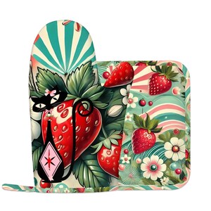 May include: Oven mitt and pot holder set with a whimsical strawberry and cat design. The mitt features a black cat with a pink bow, strawberries, and a teal and white striped pattern. The pot holder has strawberries, flowers, and a striped background.