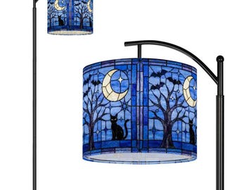 Halloween Stained Glass Style Night Sky Black Cat Arc Floor Lamp