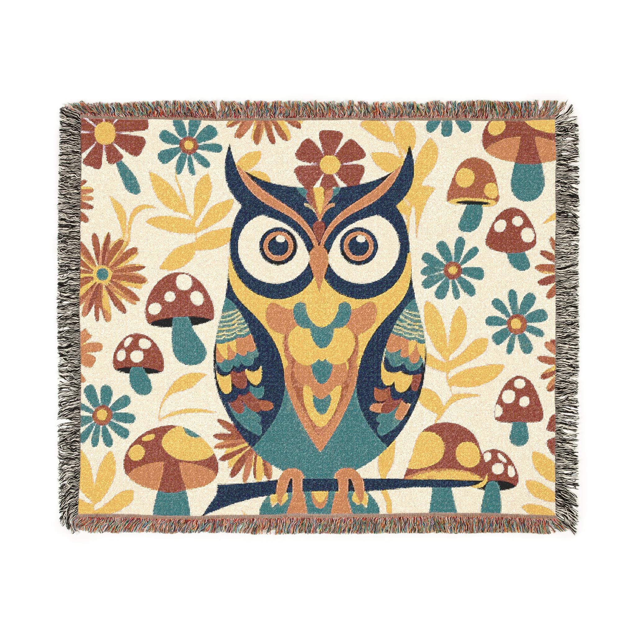 Retro Owl, Groovy 70s Mushroom Mid Mod Owl Woven Blanket - Cozy Home Decor for Nature Lovers