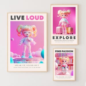 Arte de pared estético, guardería para niña, regalo para hija, arte de pared para niños, arte de baño para niños, póster rosa claro, juego de 3 piezas de arte de pared rosa