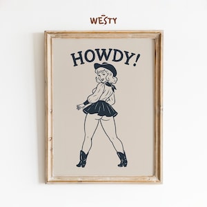Howdy Cowgirl Print – Retro Western Pin-Up Poster for Bold Wall Decor